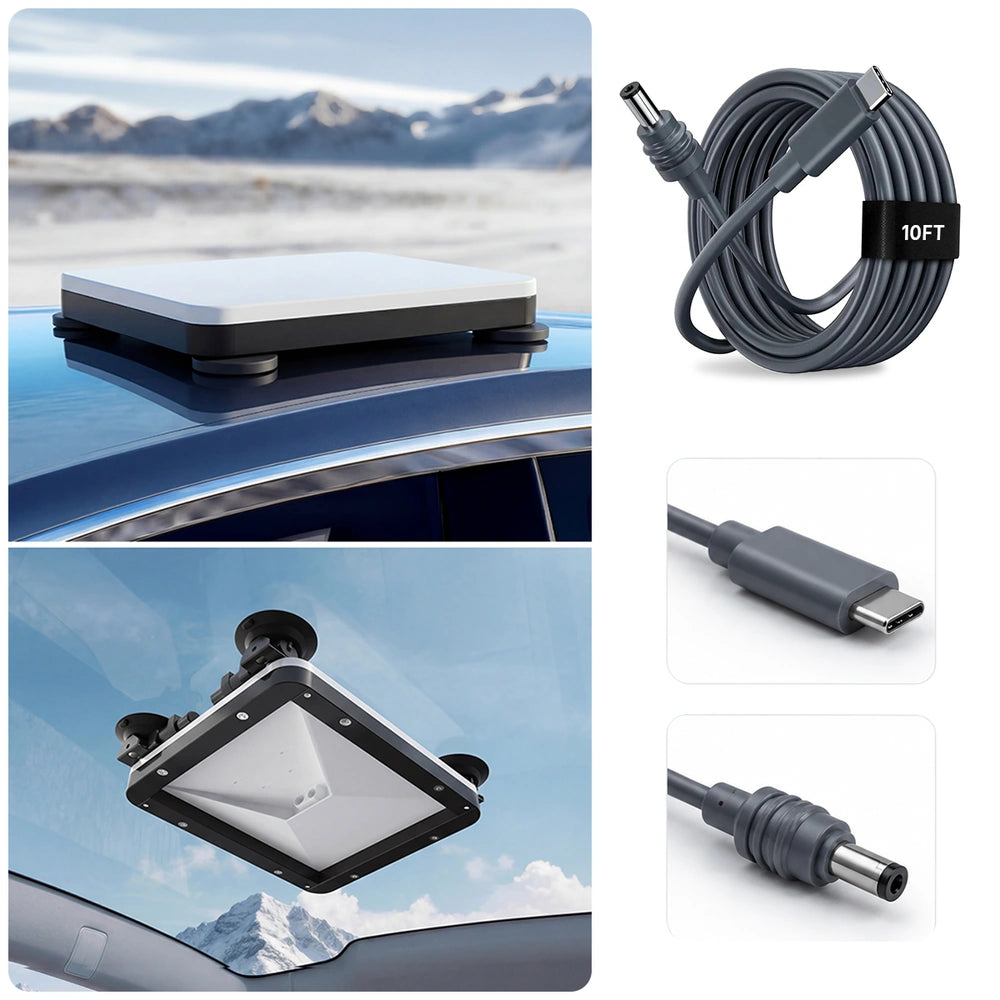 Starlink Mini 2-in-1 reisset met magnetische en zuignapbevestiging, inclusief voeding, kabel, etui, statief en beschermhoes.