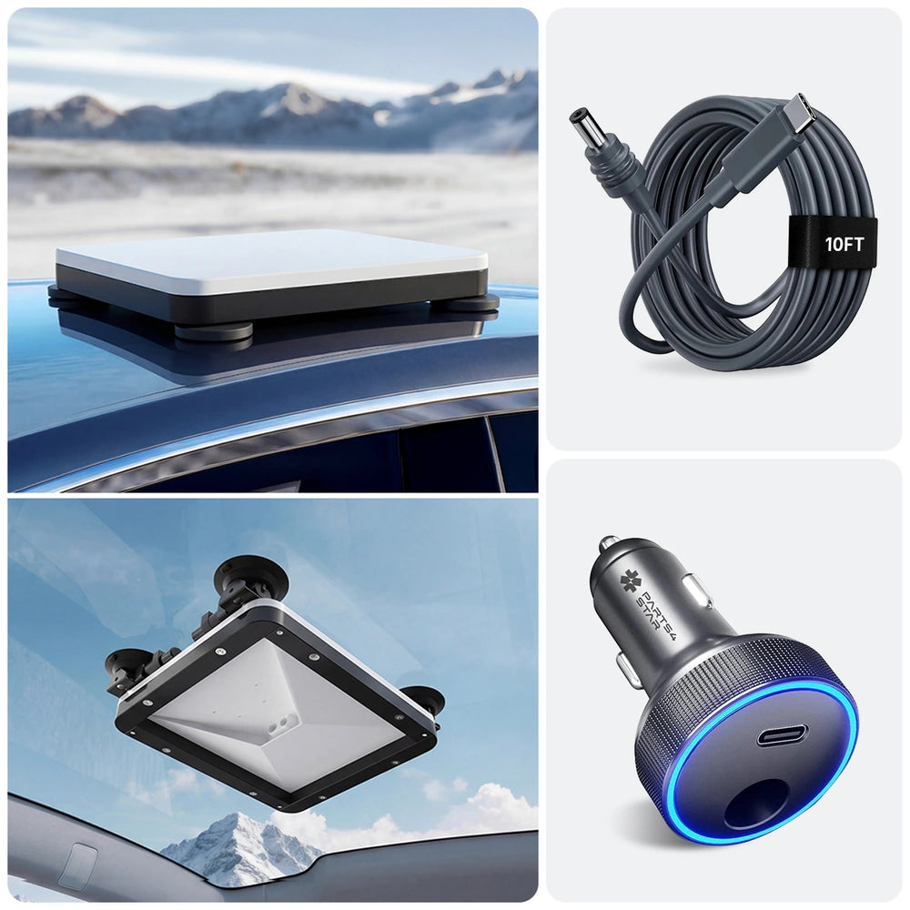 Starlink Mini 2-in-1 reisset met magnetische en zuignapbevestiging, inclusief voeding, kabel, etui, statief en beschermhoes.