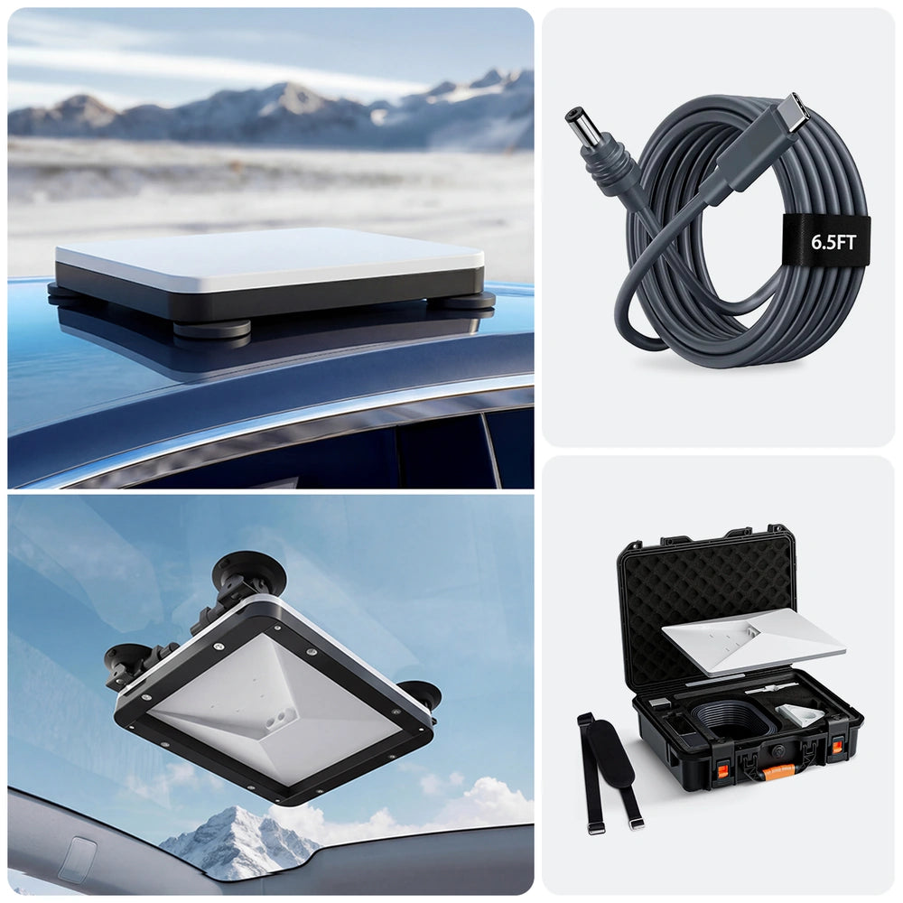 Starlink Mini 2-in-1 reisset met magnetische en zuignapbevestiging, inclusief voeding, kabel, etui, statief en beschermhoes.