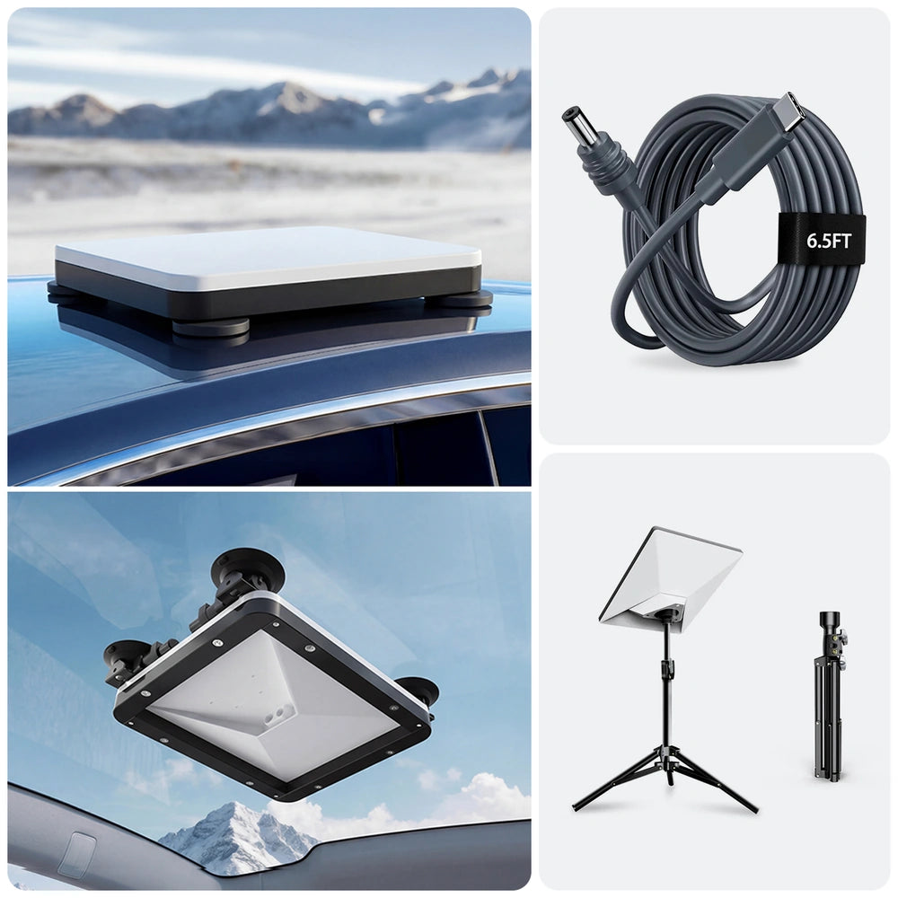 Starlink Mini 2-in-1 reisset met magnetische en zuignapbevestiging, inclusief voeding, kabel, etui, statief en beschermhoes.