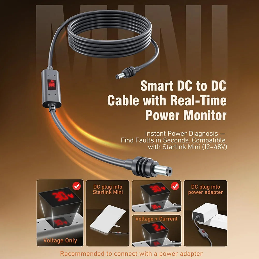 Starlink Mini DC Power Cable – Real-Time Voltage & Current Monitor