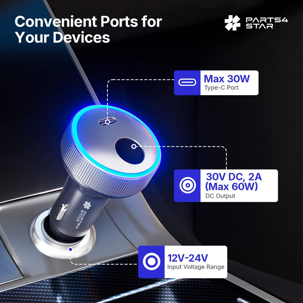 Starlink Mini Car Adapter12V/24V to 30V DC Step-Up Converter, 30W USB-C Car Charger with Blue Indicator Light, Starlink Mini Accessories