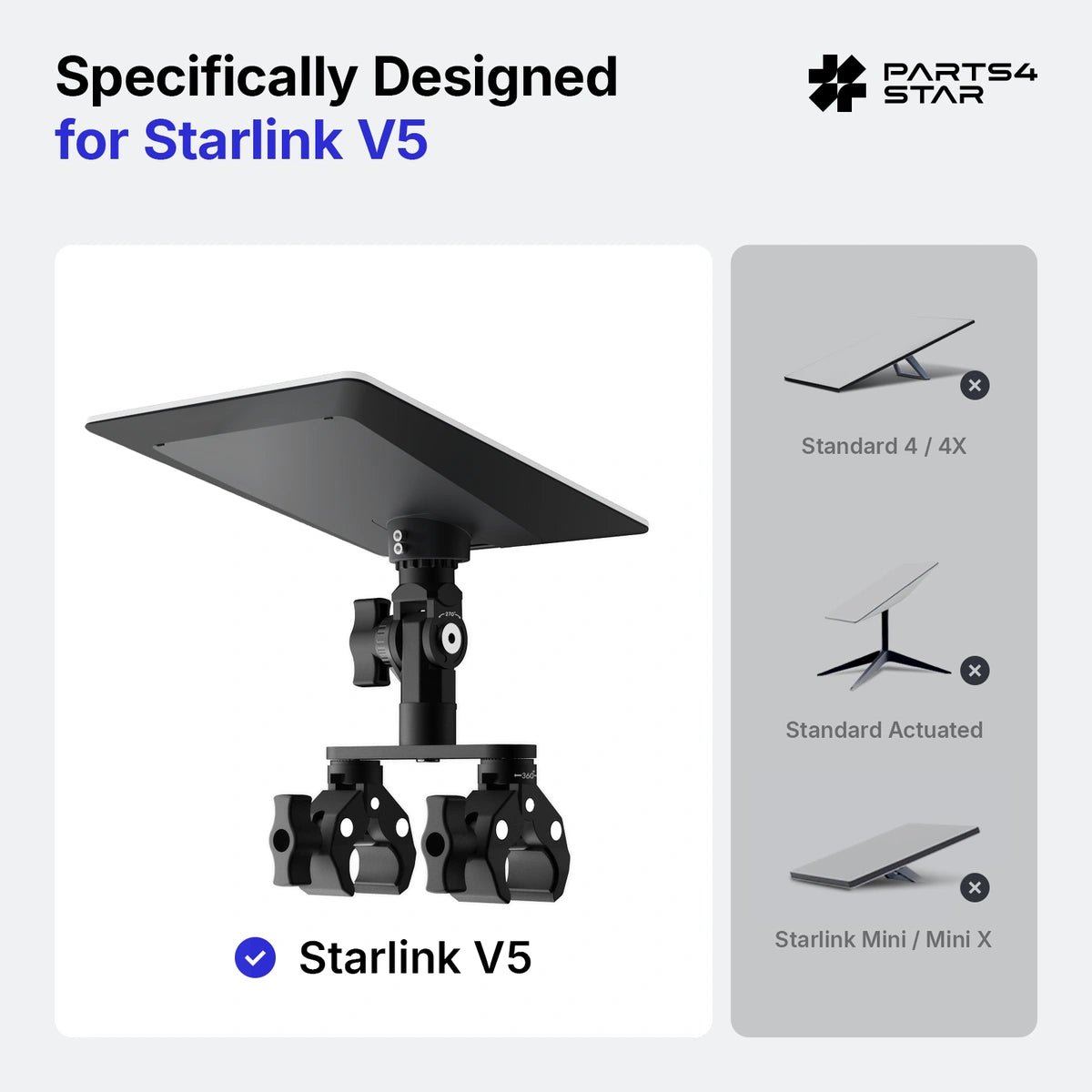 Starlink V5 Adjustable Dual-Clamp Mount Kit – 360° Rotation, 270° Tilt & 0.98" Sliding Arm for RV Ladder & Tripod - Parts4Star