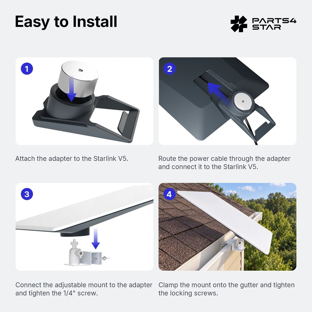Starlink V5 Adjustable Gutter Mount with Screw Adapter – 360° Rotation, 180° Tilt, No-Drill Dual-Screw Clamp - Parts4Star