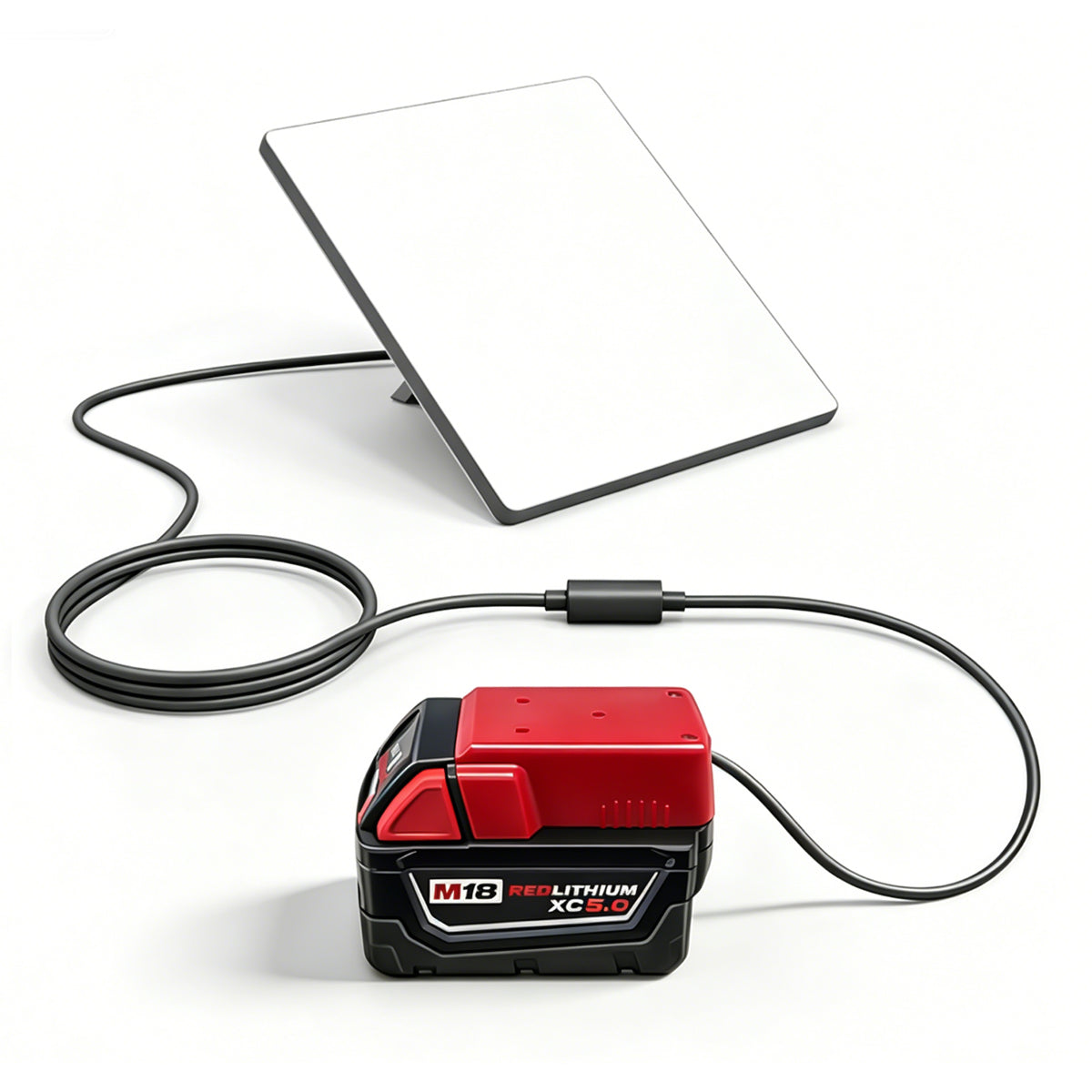 Milwaukee M18 battery adapter connected to Starlink Mini