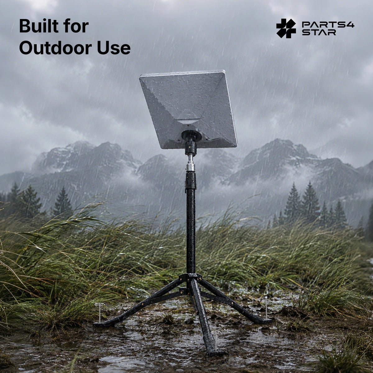 Tripod mount for Starlink in rainy outdoor setting
