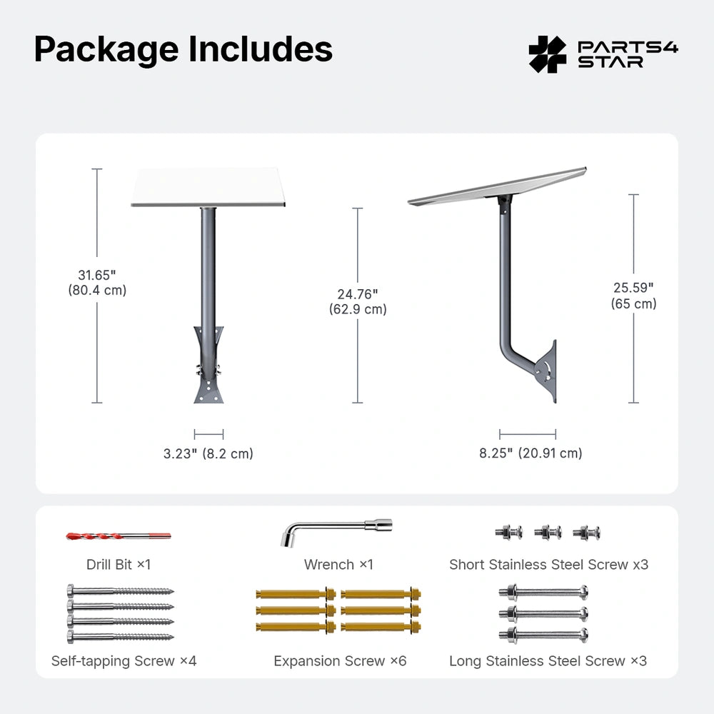 Package includes and dimensions for Starlink mount