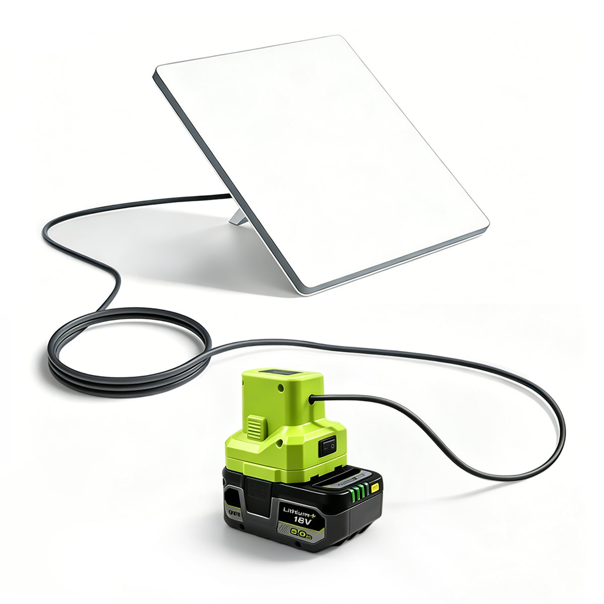 Ryobi 18V battery adapter connected to Starlink Mini