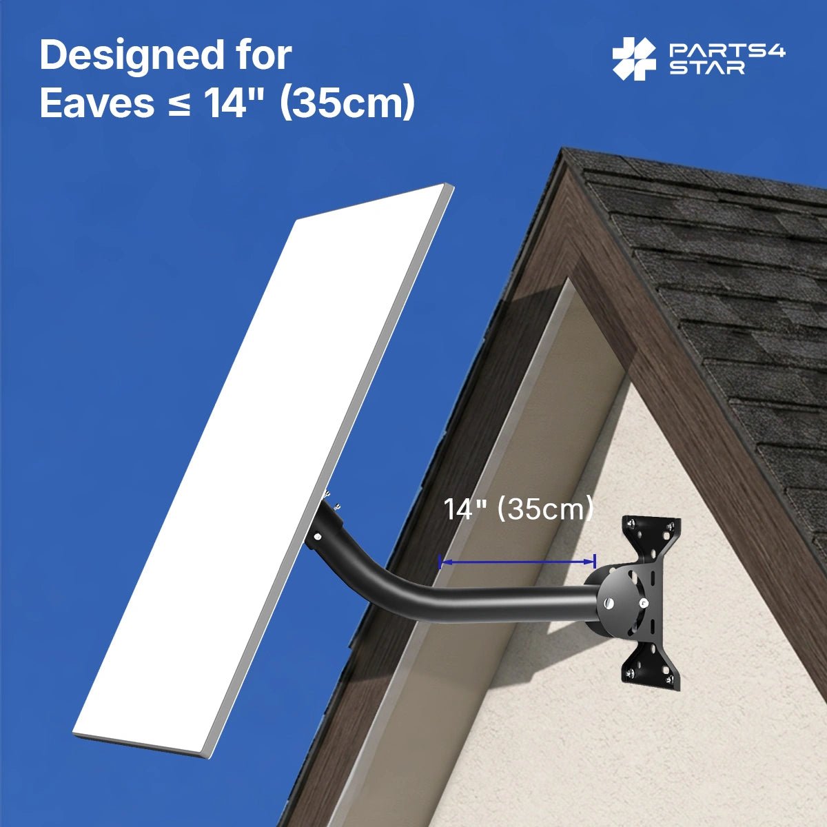 Mount designed for eaves up to 14 inches.