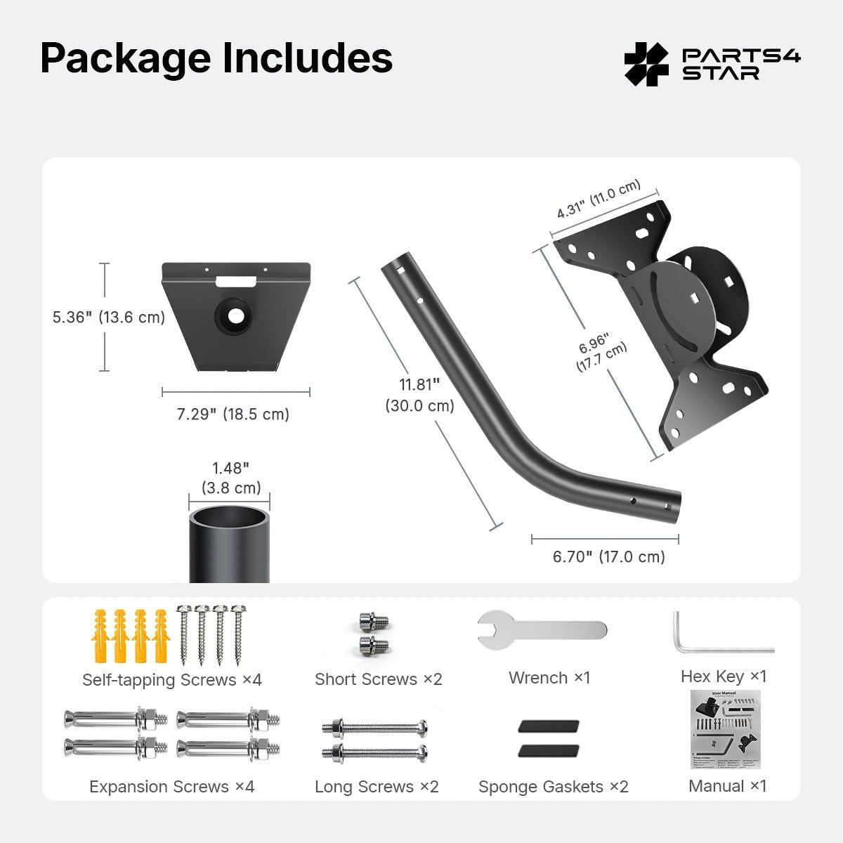 Package contents including screws and tools.