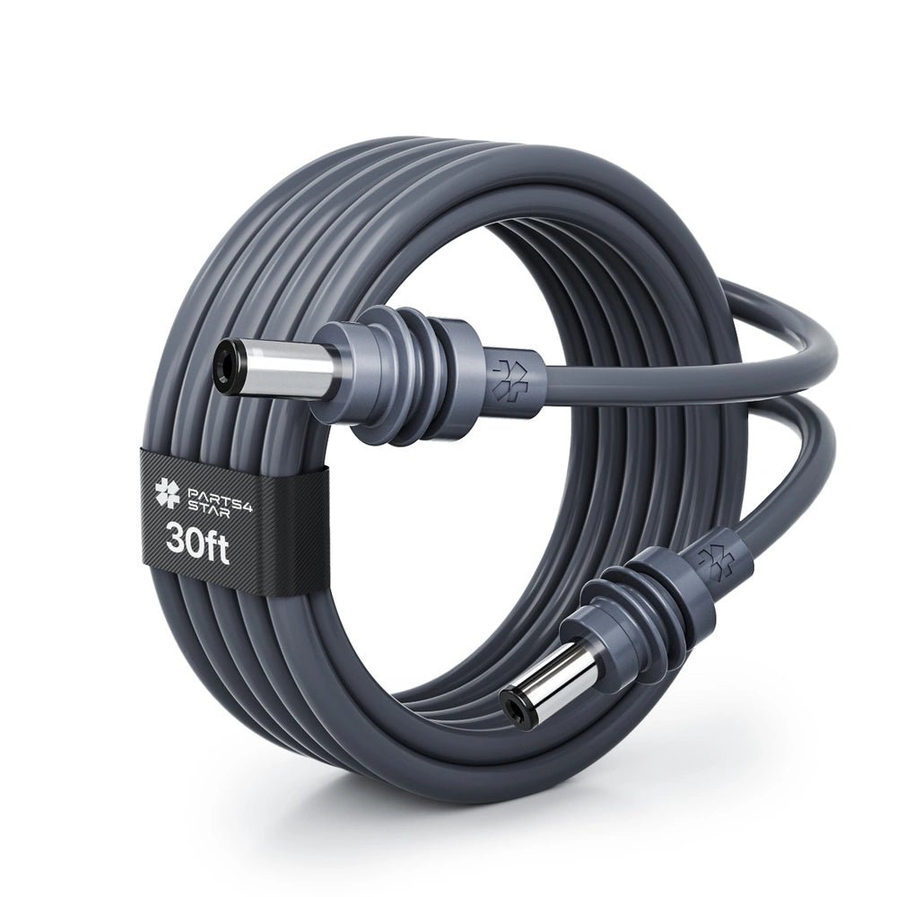 30ft DC power cable coiled with connectors