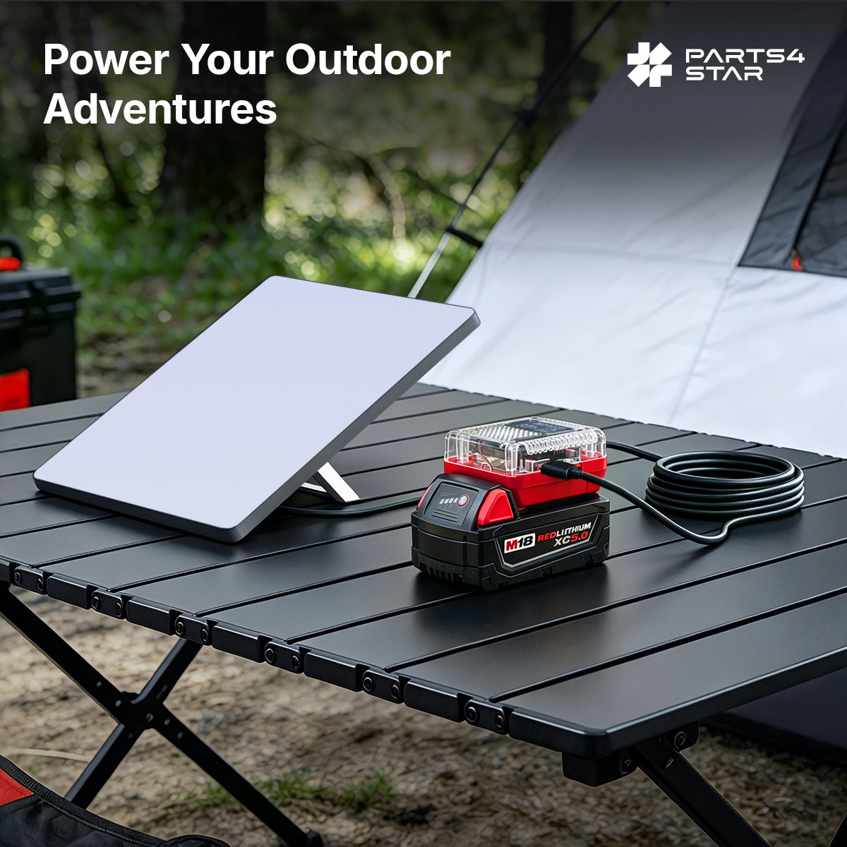 Starlink Mini and Milwaukee M18 adapter in outdoor setting