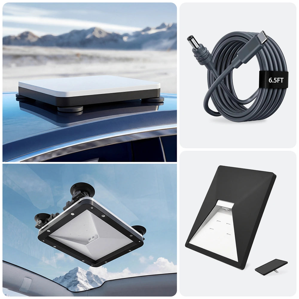 Starlink Mini 2-in-1 reisset met magnetische en zuignapbevestiging, inclusief voeding, kabel, etui, statief en beschermhoes.