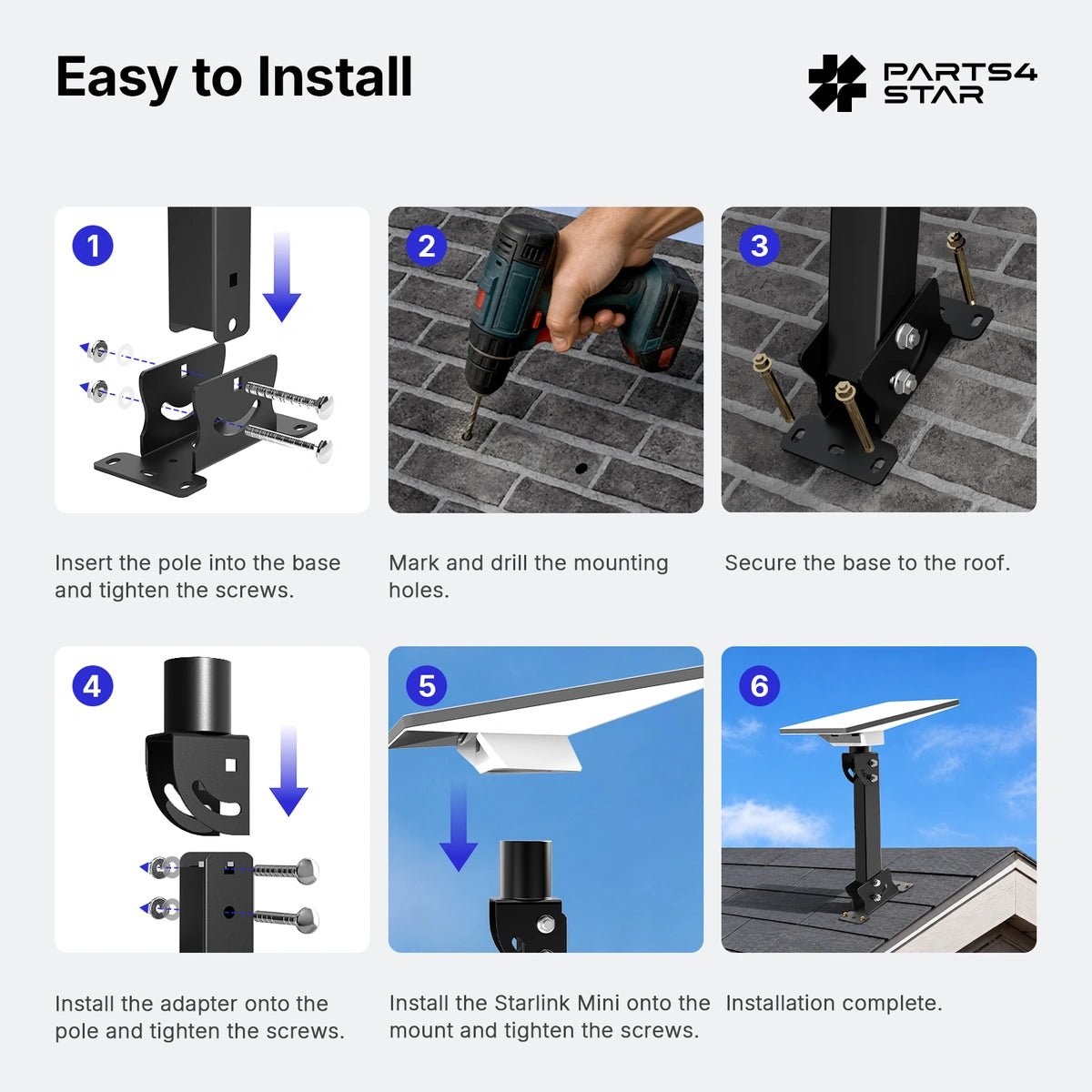 Starlink Mini Adjustable Roof Mount Kit - Reinforced Carbon Steel Square Tube - Parts4Star