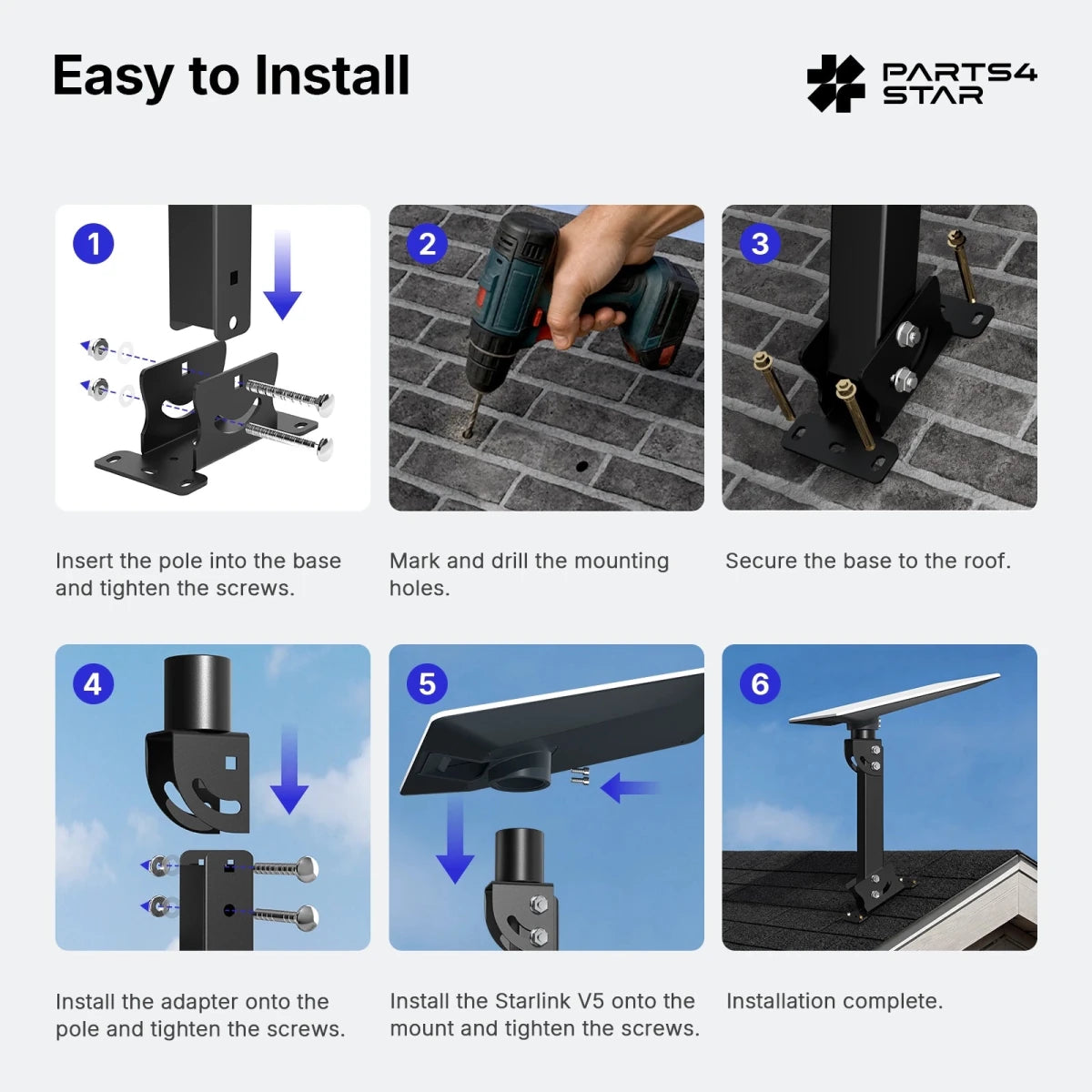 Starlink V5 Adjustable Roof Mount Kit - Reinforced Carbon Steel Square Tube - Parts4Star