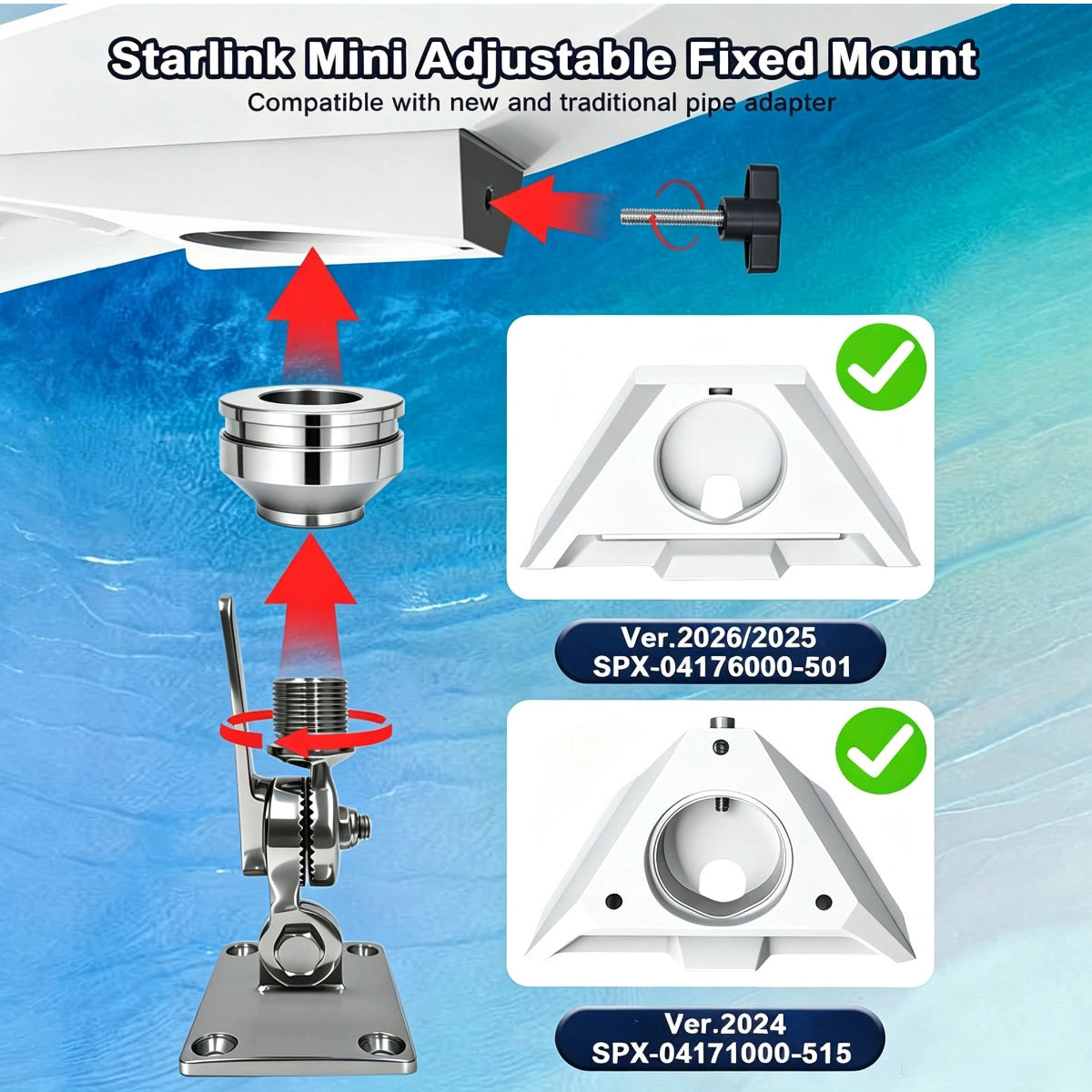 Starlink Mini 316 Stainless Steel Marine Ratchet Base with Pipe Adapter
