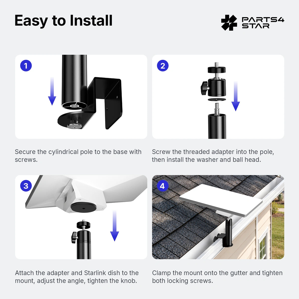 Starlink Mini Metal Gutter Mount with Screw Adapter – 360° Adjustable, No-Drill Dual-Screw Clamp