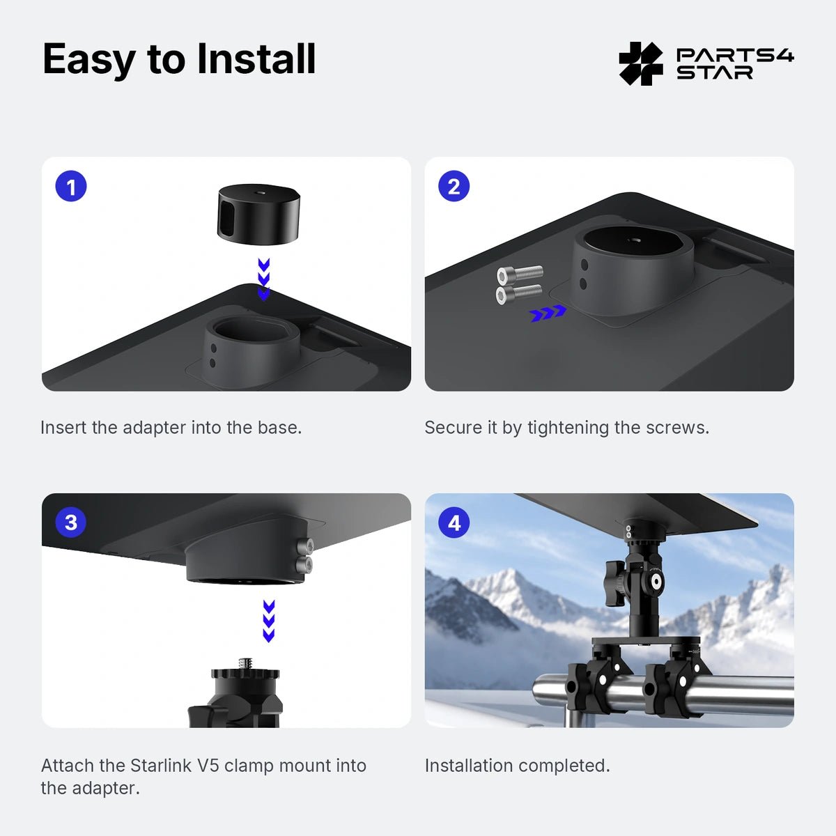 Starlink V5 Adjustable Dual-Clamp Mount Kit – 360° Rotation, 270° Tilt & 0.98" Sliding Arm for RV Ladder & Tripod - Parts4Star