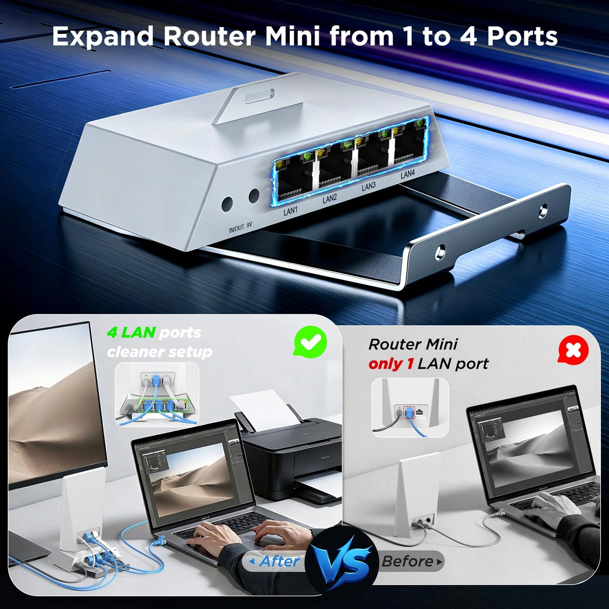 Starlink Router Mini Ethernet Adapter, 1-to-4 Port Network Hub