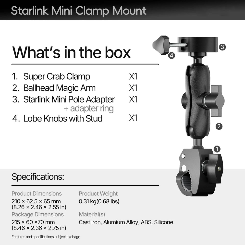 Starlink Mini Adjustable Clamp Mount Kit With 1/4" - 20 and 3/8" - 16 Conversion Screw - Parts4Star
