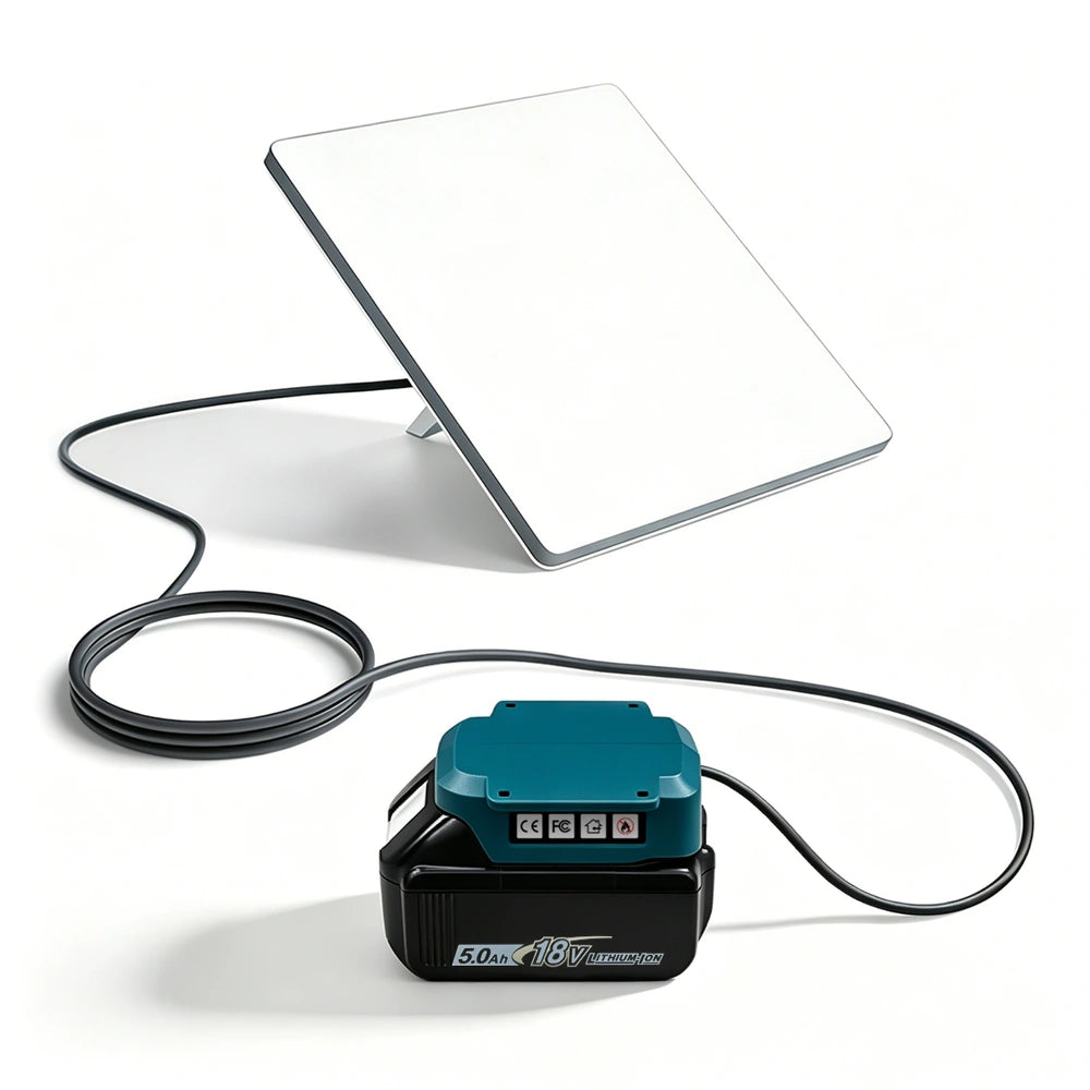 Makita 18V battery adapter connected to Starlink Mini with DC cable
