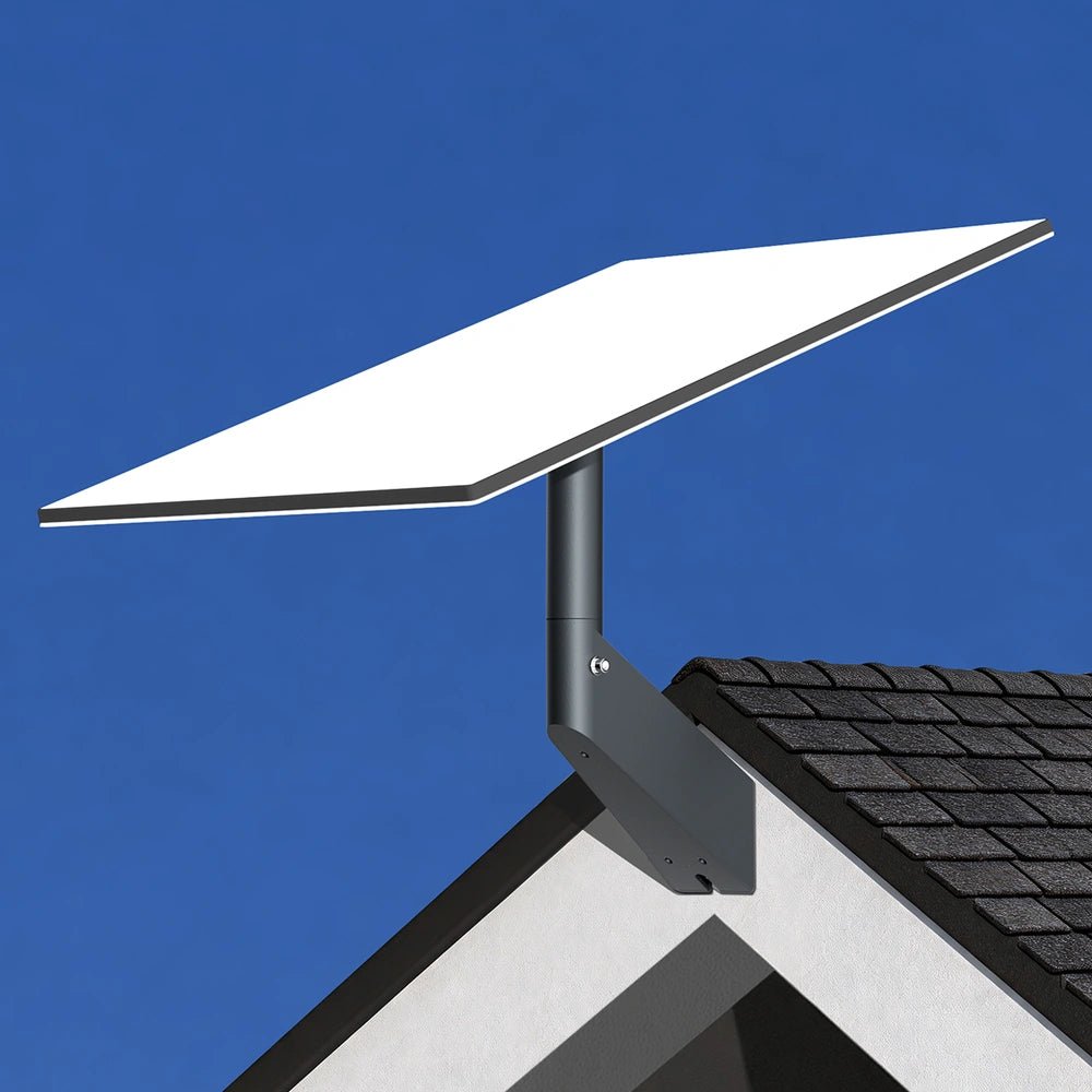 Starlink dish mounted on a roof with blue sky background