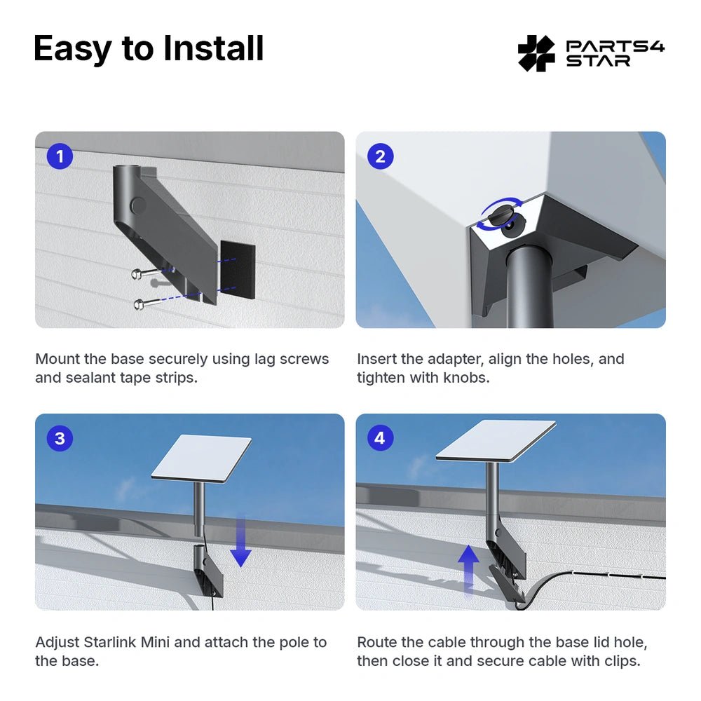 Starlink Mini 360° Adjustable Wall Mount, Heavy-Duty Aluminum, Fits Tile, Asphalt & Flat Concrete, Starlink Mini Accessories - Parts4Star