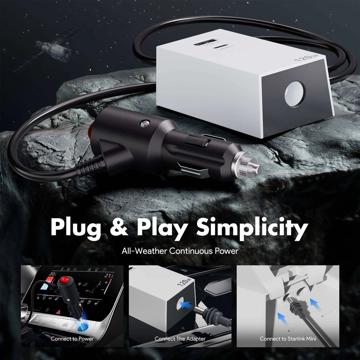 Starlink Mini Car Adapter, 12V/24V to 36V Converter, USB-C/A, On/Off Switch - Parts4Star