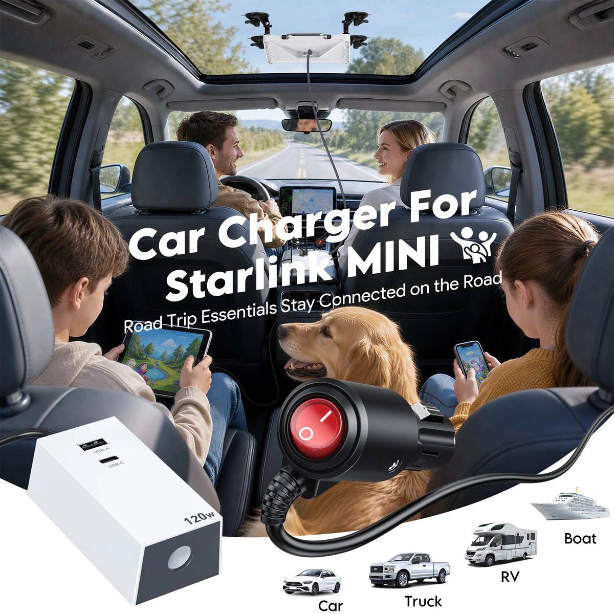 Starlink Mini Car Adapter, 12V/24V to 36V Converter, USB-C/A, On/Off Switch - Parts4Star