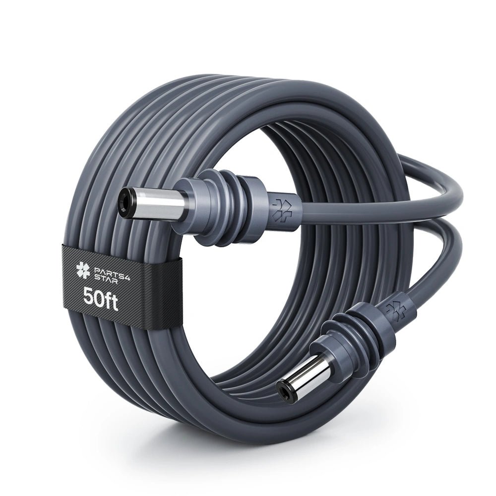 50ft DC power cable coiled with connectors